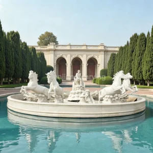 White marble European-style carriage and galloping horse-themed stone fountain