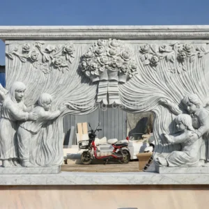 White Marble European Angel Child Flower Relief Fireplace
