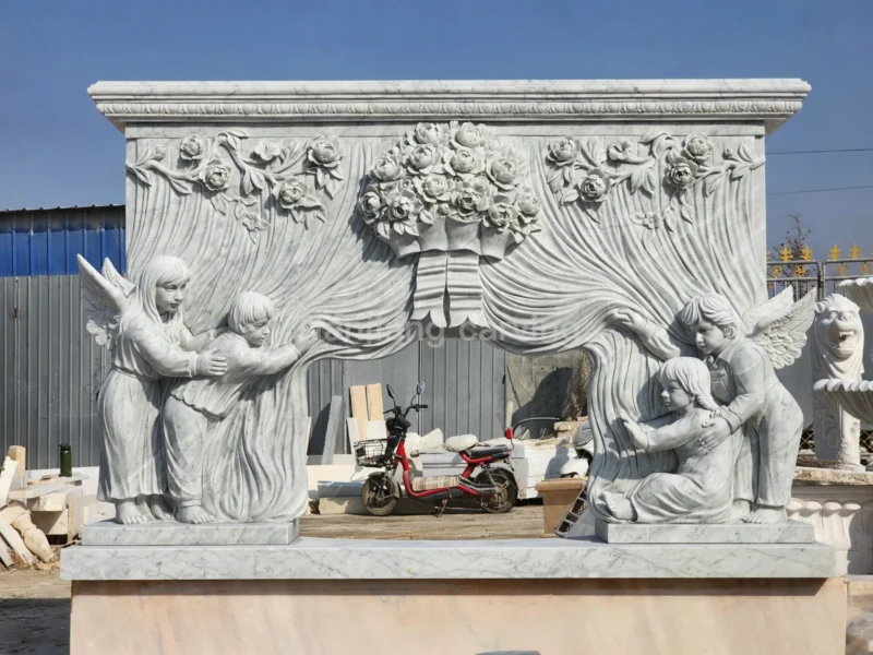 0f4af39b-74cb-40fe-b606-7f166df5f4b5.webp White Marble European Angel Child Flower Relief Fireplace