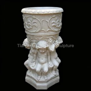 White marble European-style cherub holding a carved stone bowl
