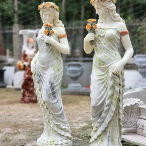 Marble European-style sculpture of a girl holding flowers (pair)