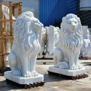 White marble European-style stone lion sculptures (pair)