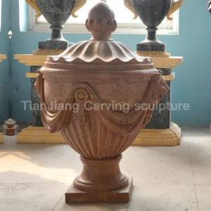 Red Travertine European Style Stone Carved Flower Bowl with Cover