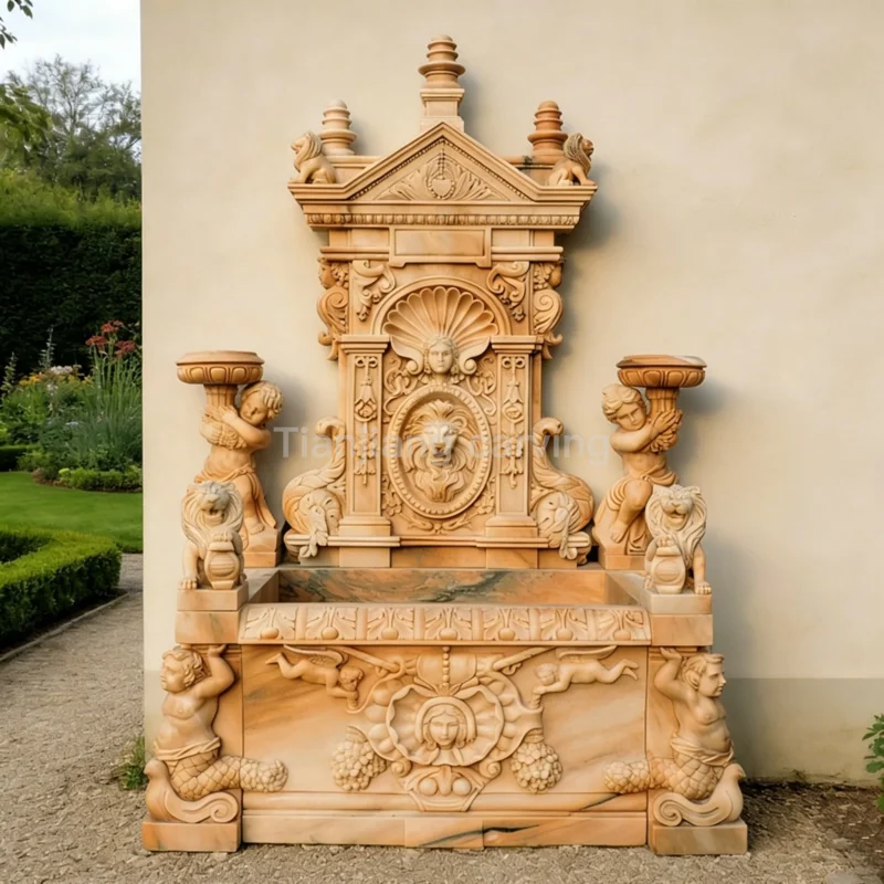 324238f8-259c-4523-b767-7d081ab55643.webp Large wall fountain with red European style lion and angel relief at sunset