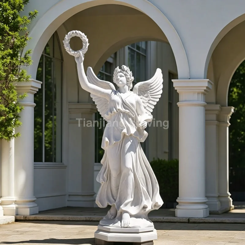 White marble stone sculpture of goddess of victory holding high laurel wreath