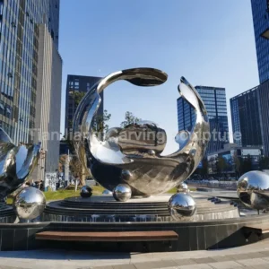 Stainless steel mirror ring sphere combined waterscape sculpture