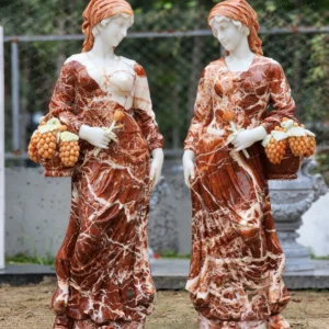Colored marble grape-picking girl sculptures (pair)