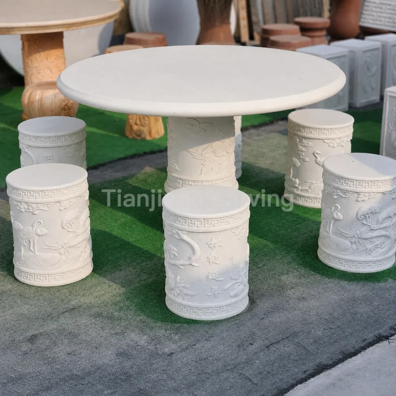 White marble Chinese style Songhe Yannian stone table and bench set