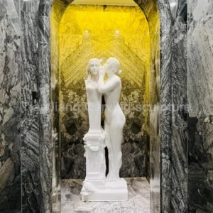 White marble sculpture with the theme of "The Girl Confessing to Hermes"