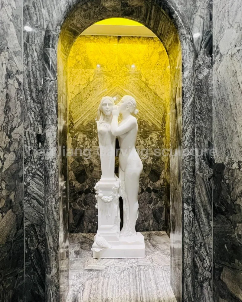 44041e48-6e1e-4f15-aea9-5e9ff00f42a0.webp White marble sculpture with the theme of "The Girl Confessing to Hermes"