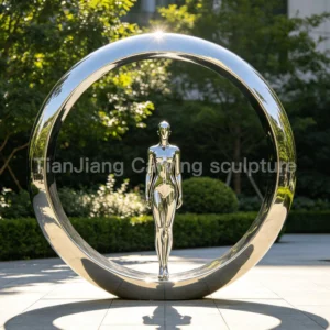Stainless steel mirror ring human sculpture
