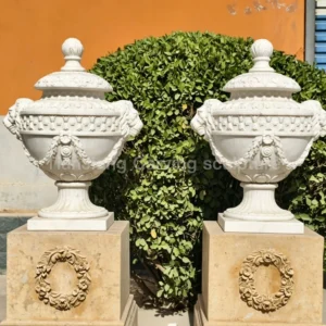 White marble European style stone carved flower bowl with lid