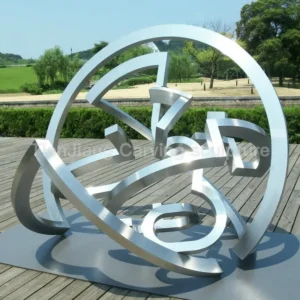 Brushed stainless steel abstract circular interwoven sculpture