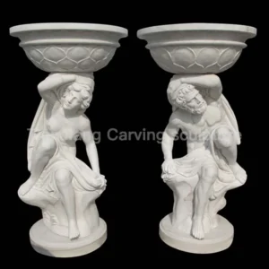 White marble European style male and female gods holding carved stone flower bowls
