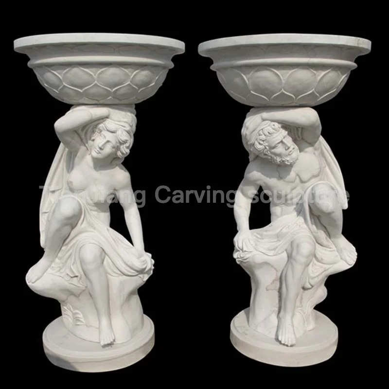 White marble European style male and female gods holding carved stone flower bowls