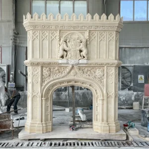 Beige marble Gothic castle pattern split fireplace
