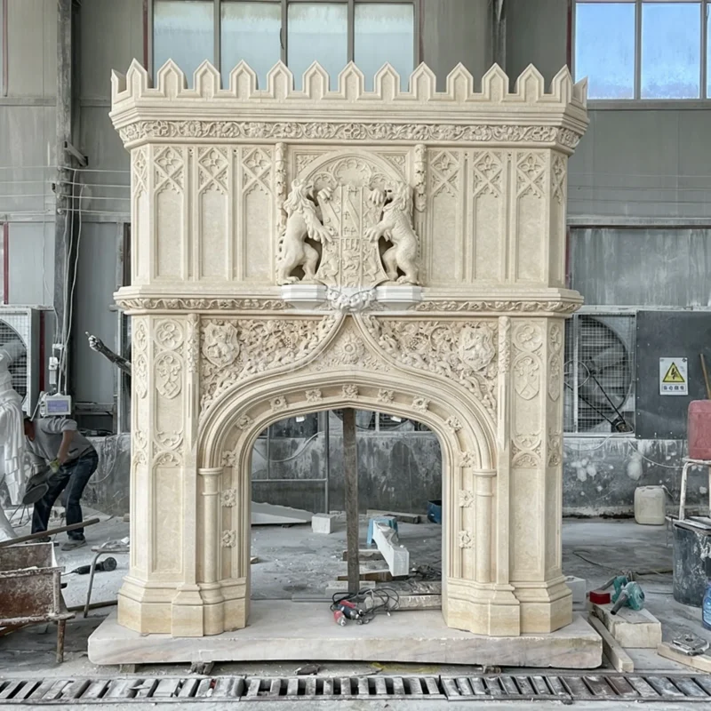 55390508-5784-48df-96cd-bdd498e1466f.webp Beige marble Gothic castle pattern split fireplace