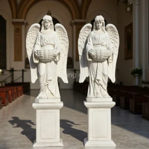 White marble European-style angel stone carvings holding a basin (pair)