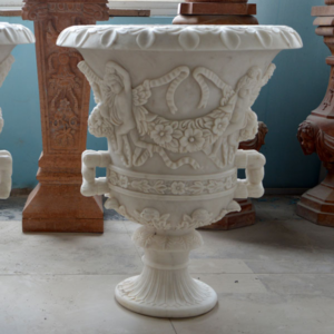 White marble European-style cherub relief stone flower bowl