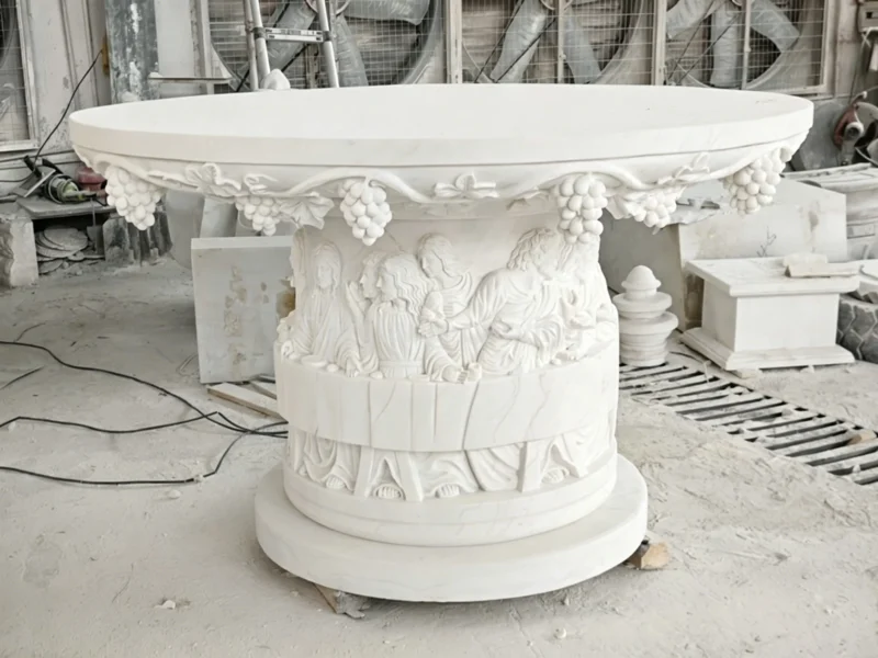 82bdb134-f939-45a9-b80a-10c8be7d1435.webp White marble "The Last Supper" relief stone round table
