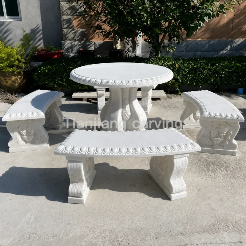 Marble European Grape Stone Table and Bench Set