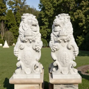 White marble European-style stone carvings of lions with arms (pair)