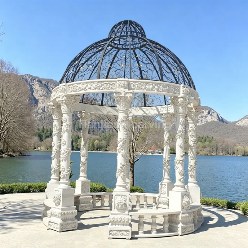 a6a4f37d-f6a4-4f46-9390-95f426950884.webp White marble pavilion with Roman columns and branches (wrought iron dome style)
