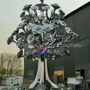 Stainless steel mirror rose tree sculpture
