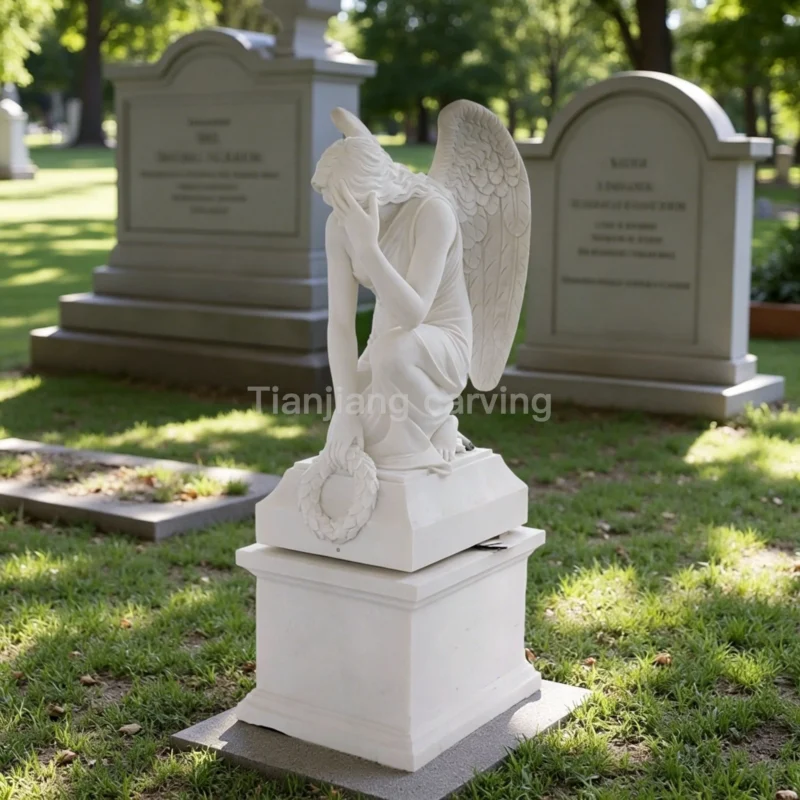 White marble sad angel tombstone stone sculpture ornament