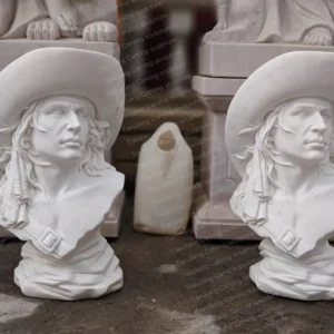 White marble cowboy figure bust sculpture (pair)