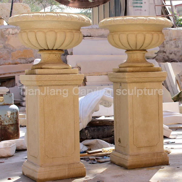 Beige sandstone European style lotus petal stone carved flower bowl