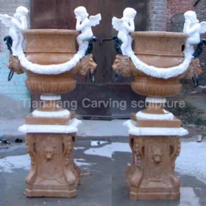 Two-color stone European-style cherub lion head stone carved flower bowl