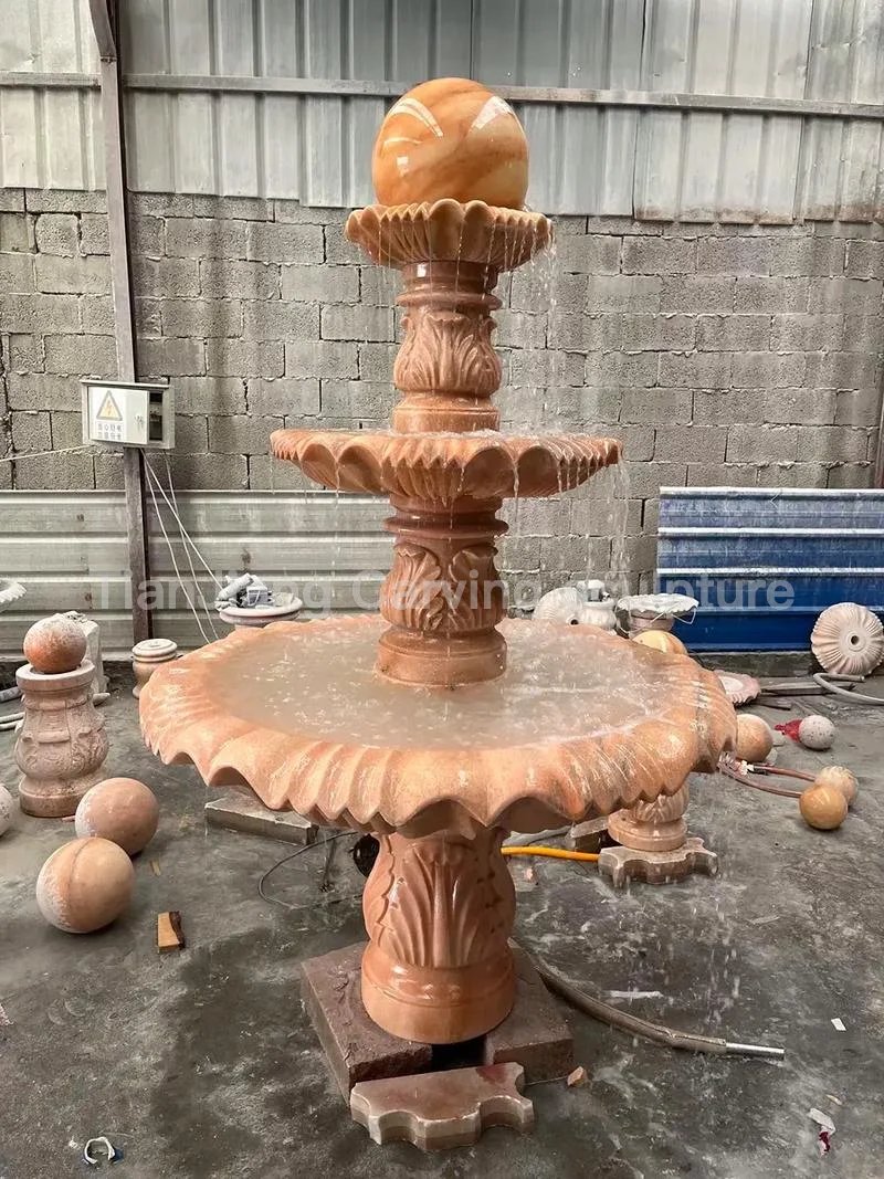 Sunset red three-story stone carving Feng Shui ball fountain