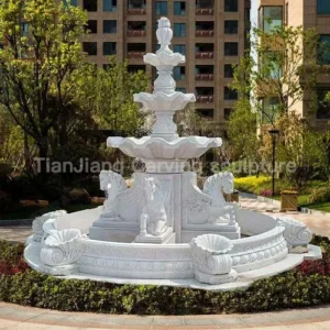 White marble three-story pegasus stone sculpture fountain