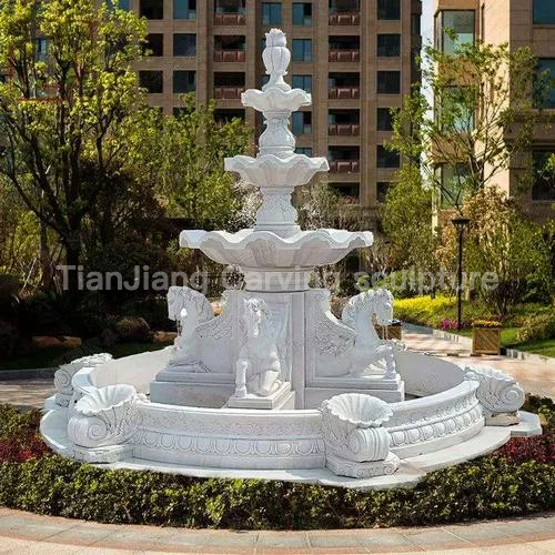 White marble three-story pegasus stone sculpture fountain
