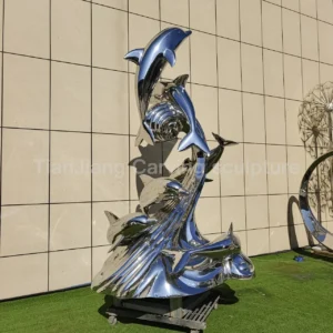 Stainless steel mirror dolphin wave sculpture