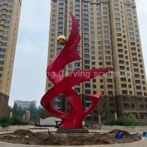Stainless steel red ribbon abstract sculpture