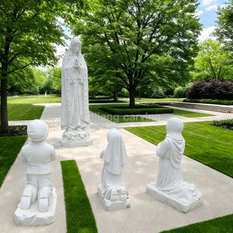 Marble sculpture of the apparition of Our Lady of Fatima and three shepherd boys