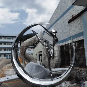 Stainless steel mirror ballet dancer moon sculpture